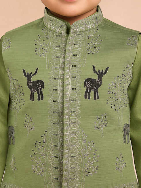 Boys Pista Green Silk Blend Embroidered Nehru Jacket Set