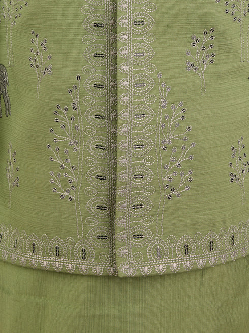 Boys Pista Green Silk Blend Embroidered Nehru Jacket Set