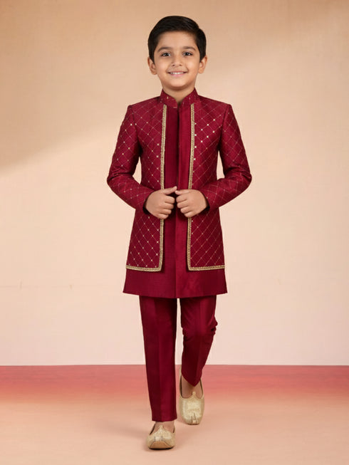Boy's Maroon Silk Blend Sherwani Set