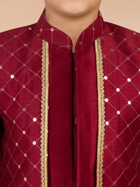 Boy's Maroon Silk Blend Sherwani Set