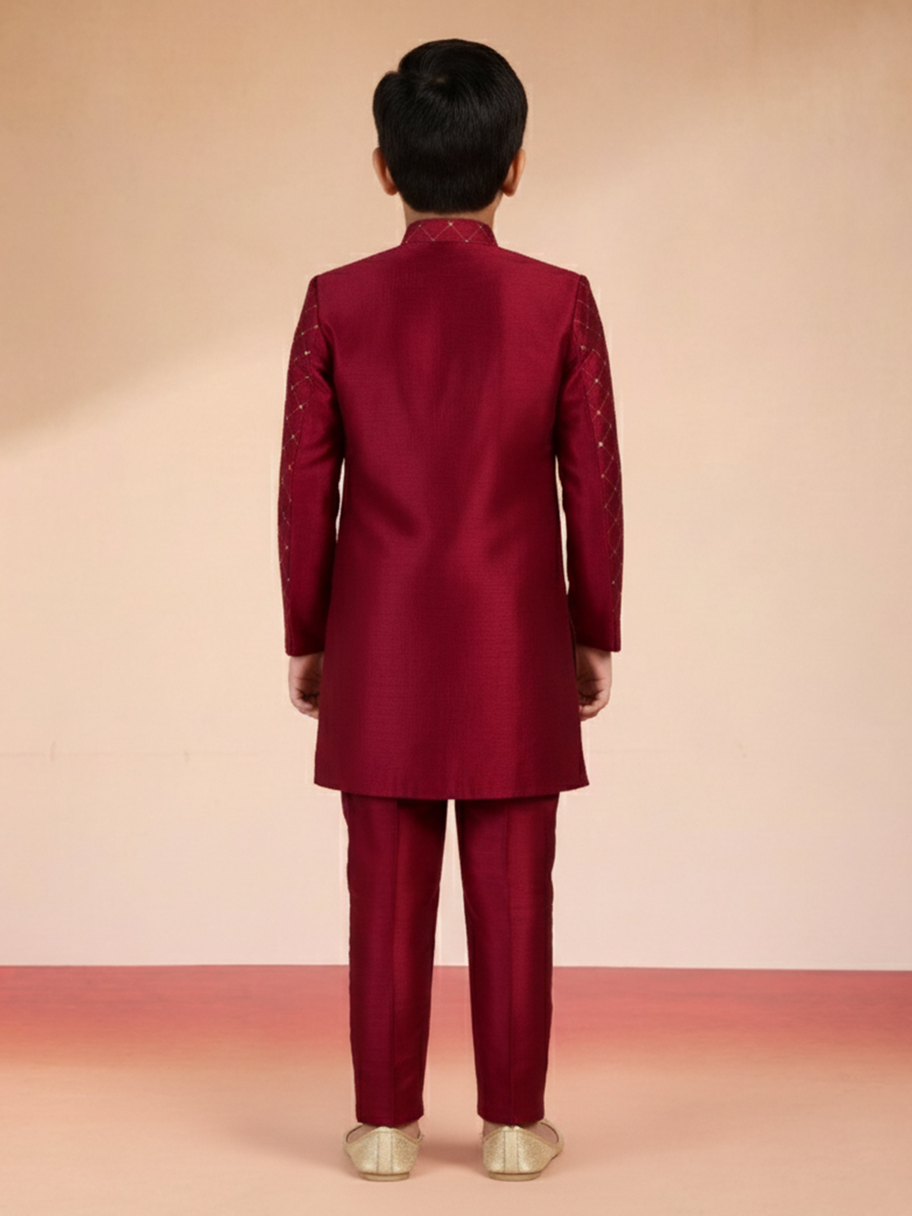 Boy's Maroon Silk Blend Sherwani Set