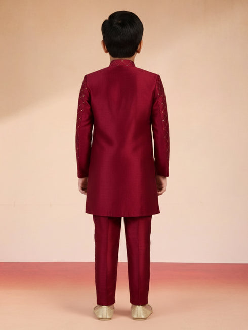 Boy's Maroon Silk Blend Sherwani Set