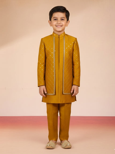 Boy's Mustard Silk Blend Sherwani Set
