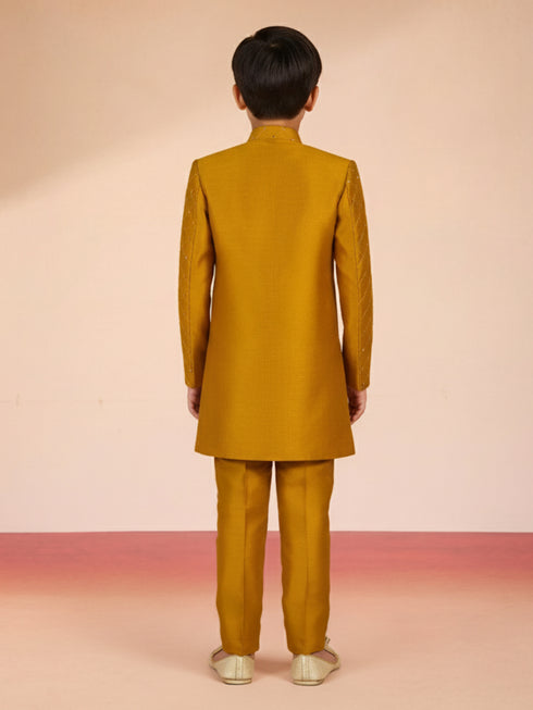 Boy's Mustard Silk Blend Sherwani Set