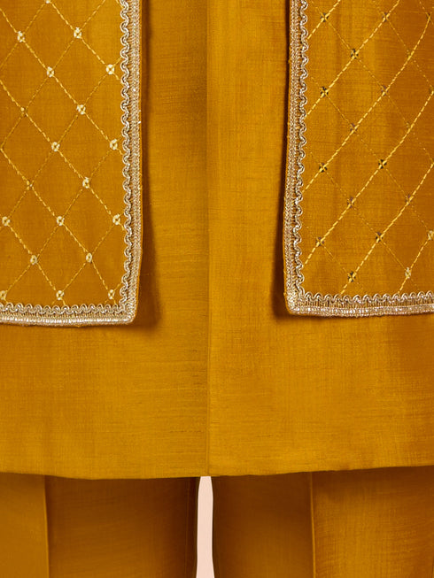 Boy's Mustard Silk Blend Sherwani Set