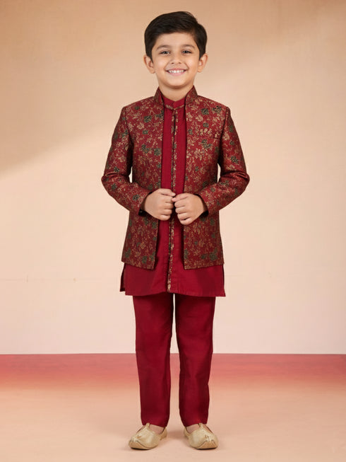 Boy's Maroon Viscose Jacquard Indo-Western Set