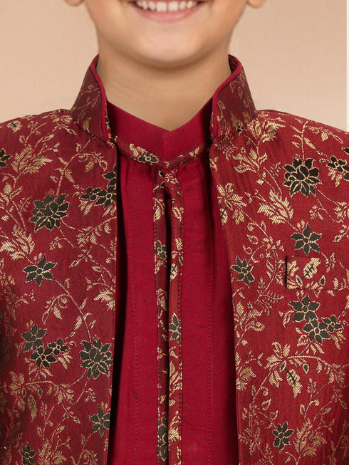 Boy's Maroon Viscose Jacquard Indo-Western Set
