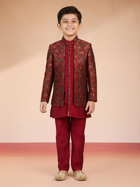 Boy's Maroon Viscose Jacquard Indo-Western Set
