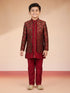 Boy's Maroon Viscose Jacquard Indo-Western Set