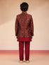 Boy's Maroon Viscose Jacquard Indo-Western Set