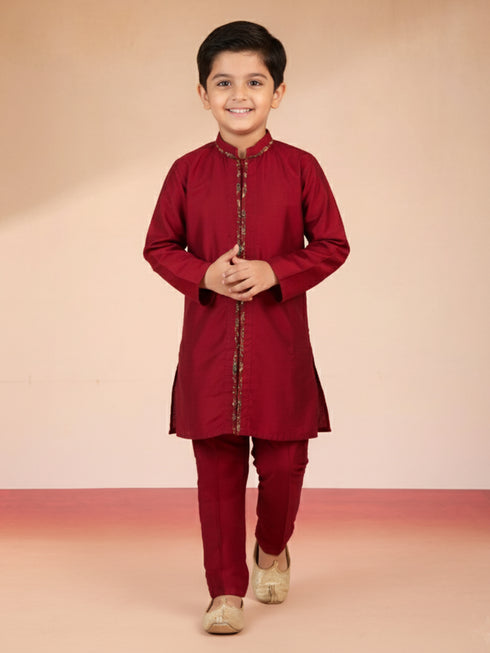 Boy's Maroon Viscose Jacquard Indo-Western Set