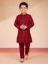 Boy's Maroon Viscose Jacquard Indo-Western Set