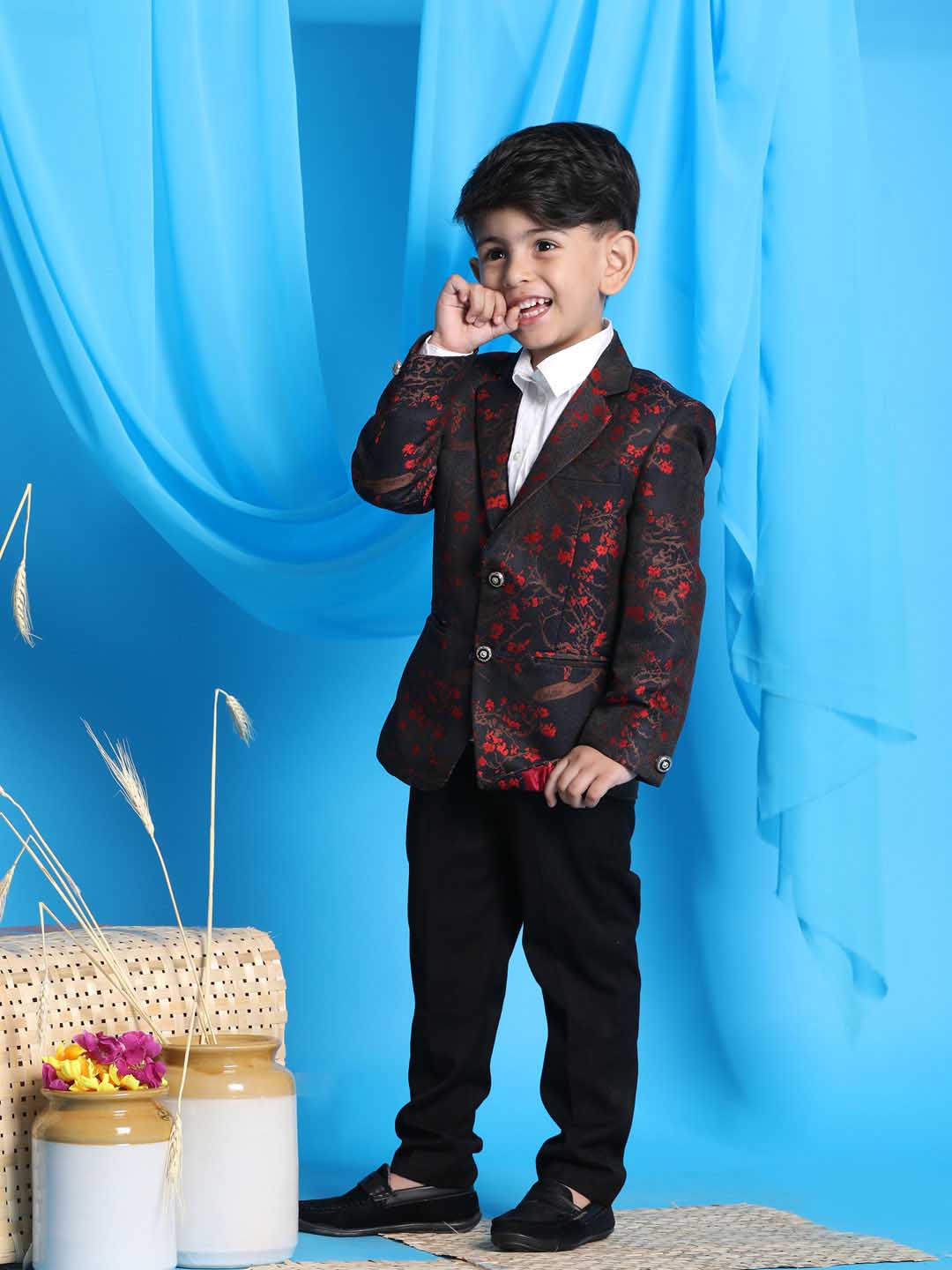 Boy's Black And Red Woven Design Blazer