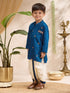 Boys Blue Cotton-Silk Embroidered Thigh Length Kurta and Dhoti Set