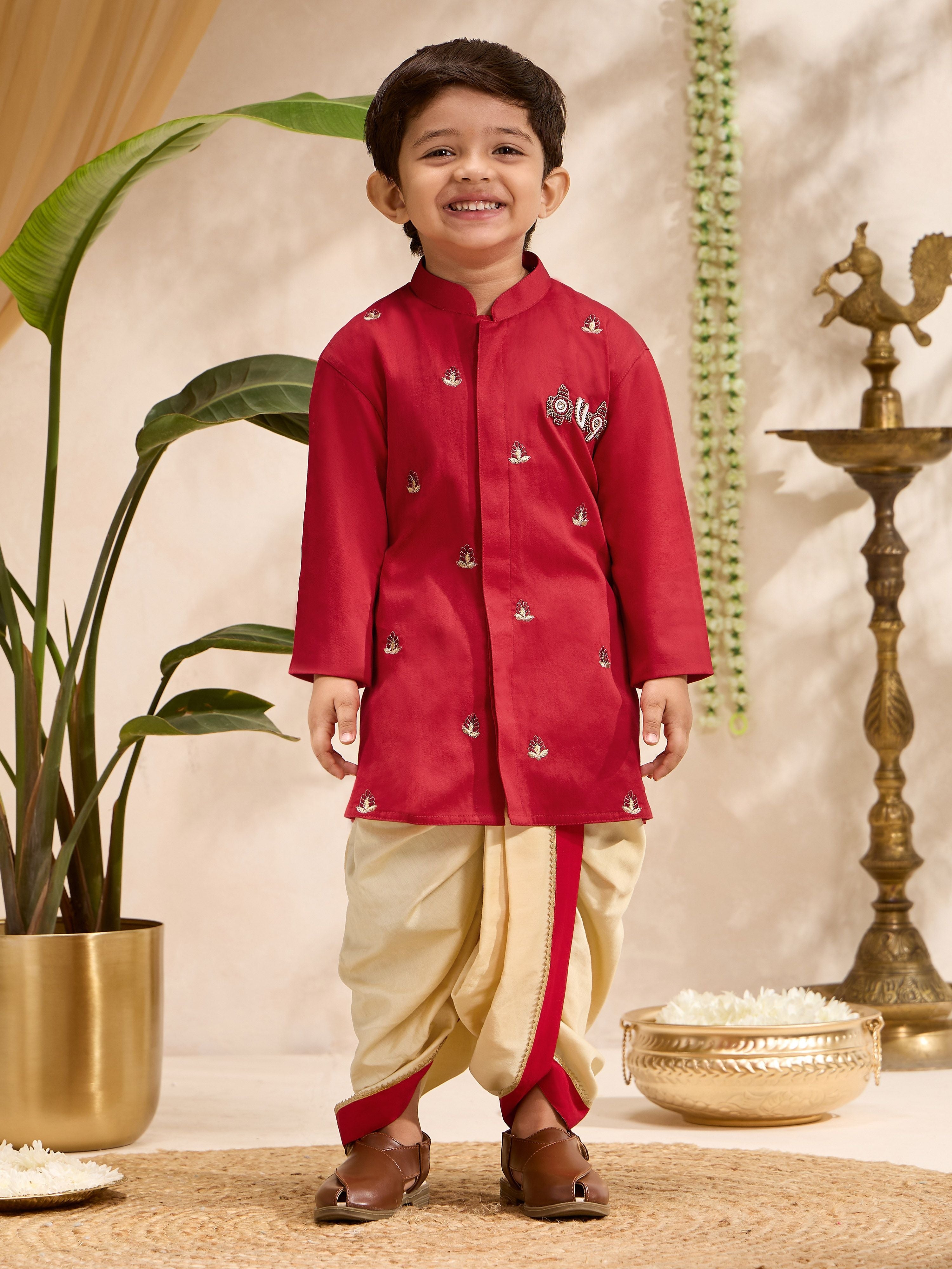 Boys Red Cotton Silk Embroidered Kurta Dhoti Set