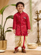 Boys Red Cotton Silk Embroidered Kurta Dhoti Set