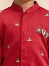 Boys Red Cotton-Silk Embroidered Thigh Length Kurta and Dhoti Set