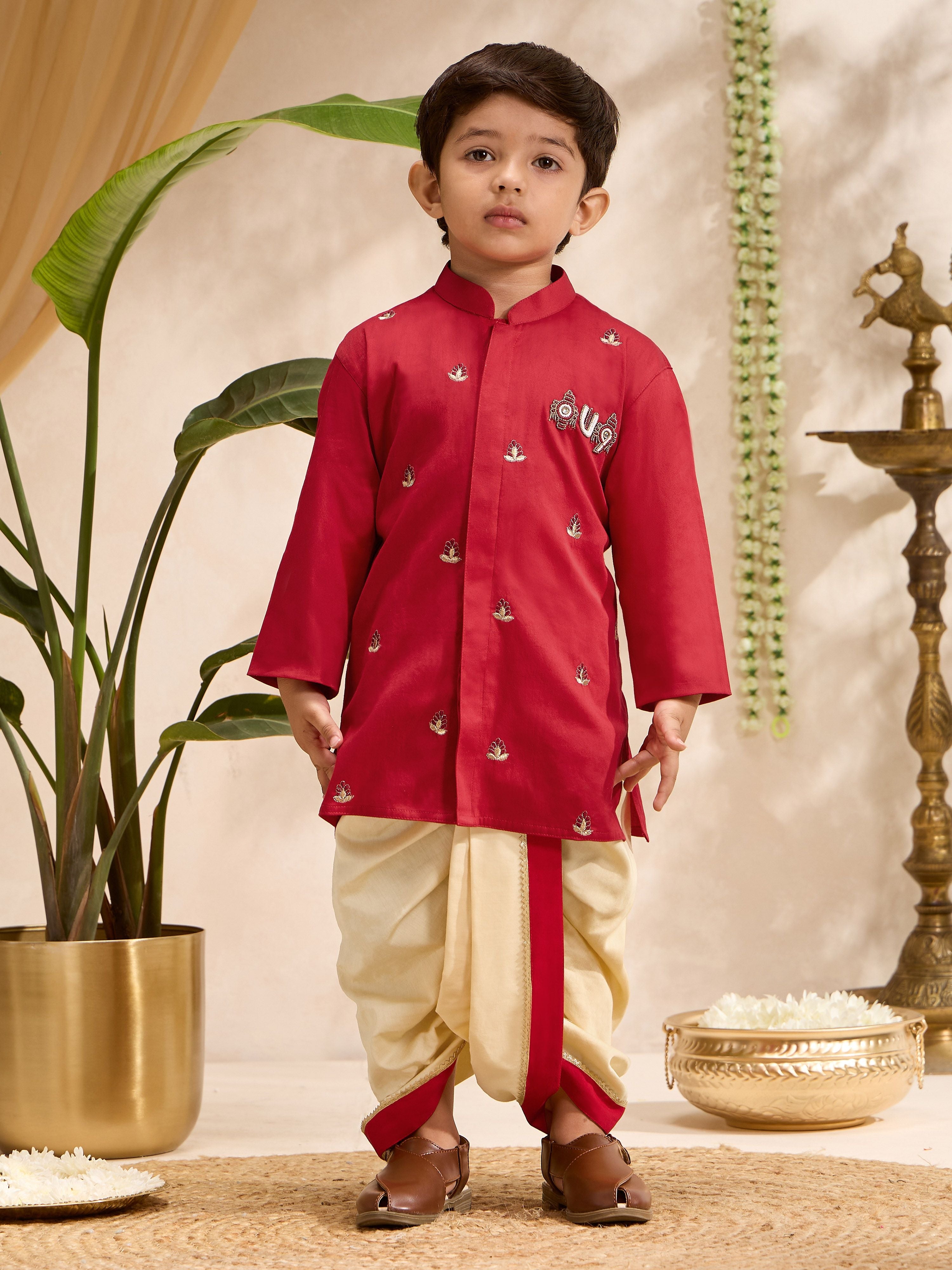 Boys Red Cotton-Silk Embroidered Thigh Length Kurta and Dhoti Set