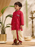 Boys Red Cotton-Silk Embroidered Thigh Length Kurta and Dhoti Set