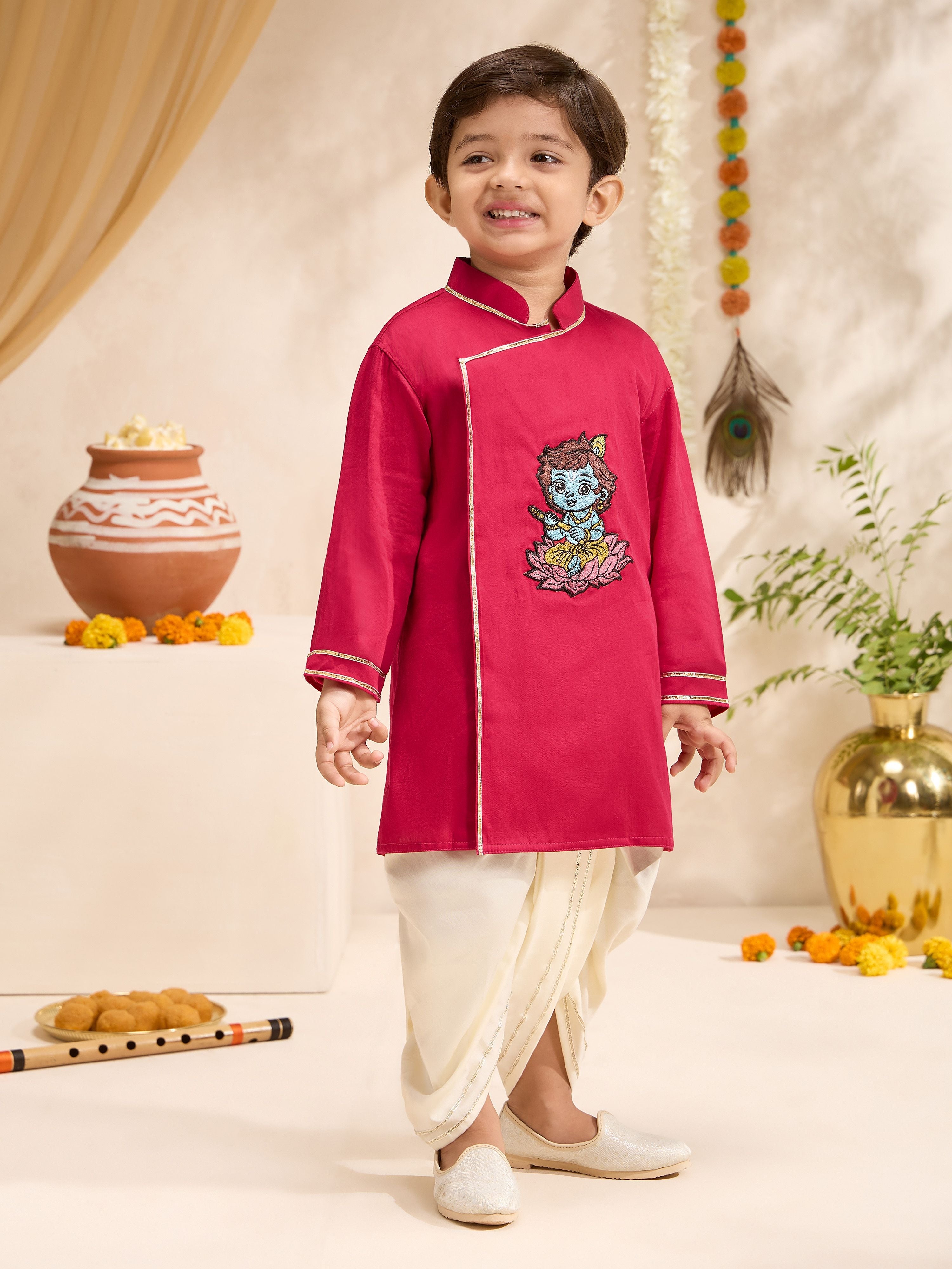 Boys's Fuchsia Cotton-Silk Embroidered Thigh Length Kurta And Dhoti Set