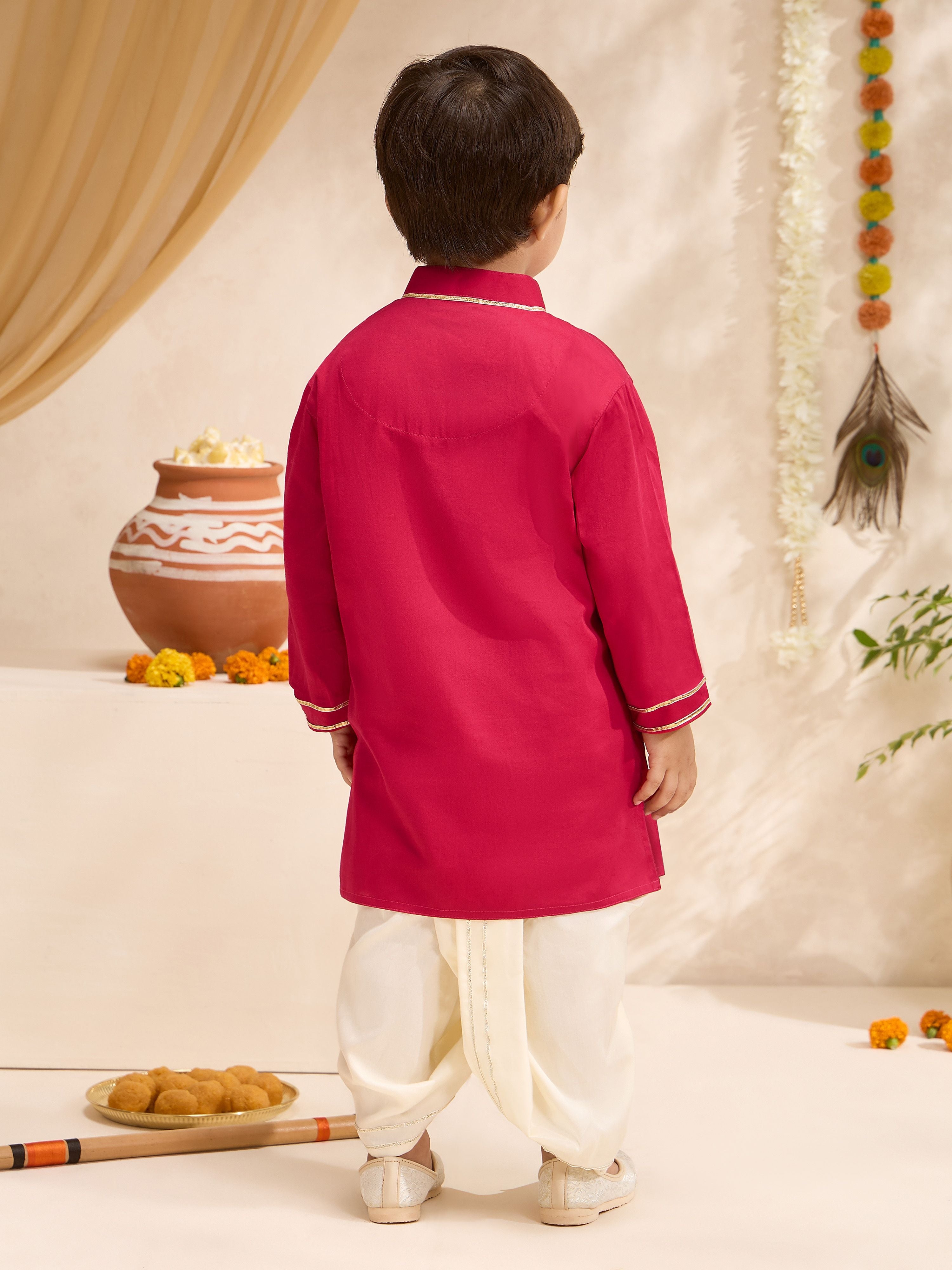 Boys's Fuchsia Cotton-Silk Embroidered Thigh Length Kurta And Dhoti Set