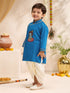 Boys's Turquoise Cotton-Silk Embroidered Thigh Length Kurta And Dhoti Set