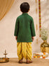 Boys's Green Cotton Embroidered Thigh Length Kurta And Dhoti Set