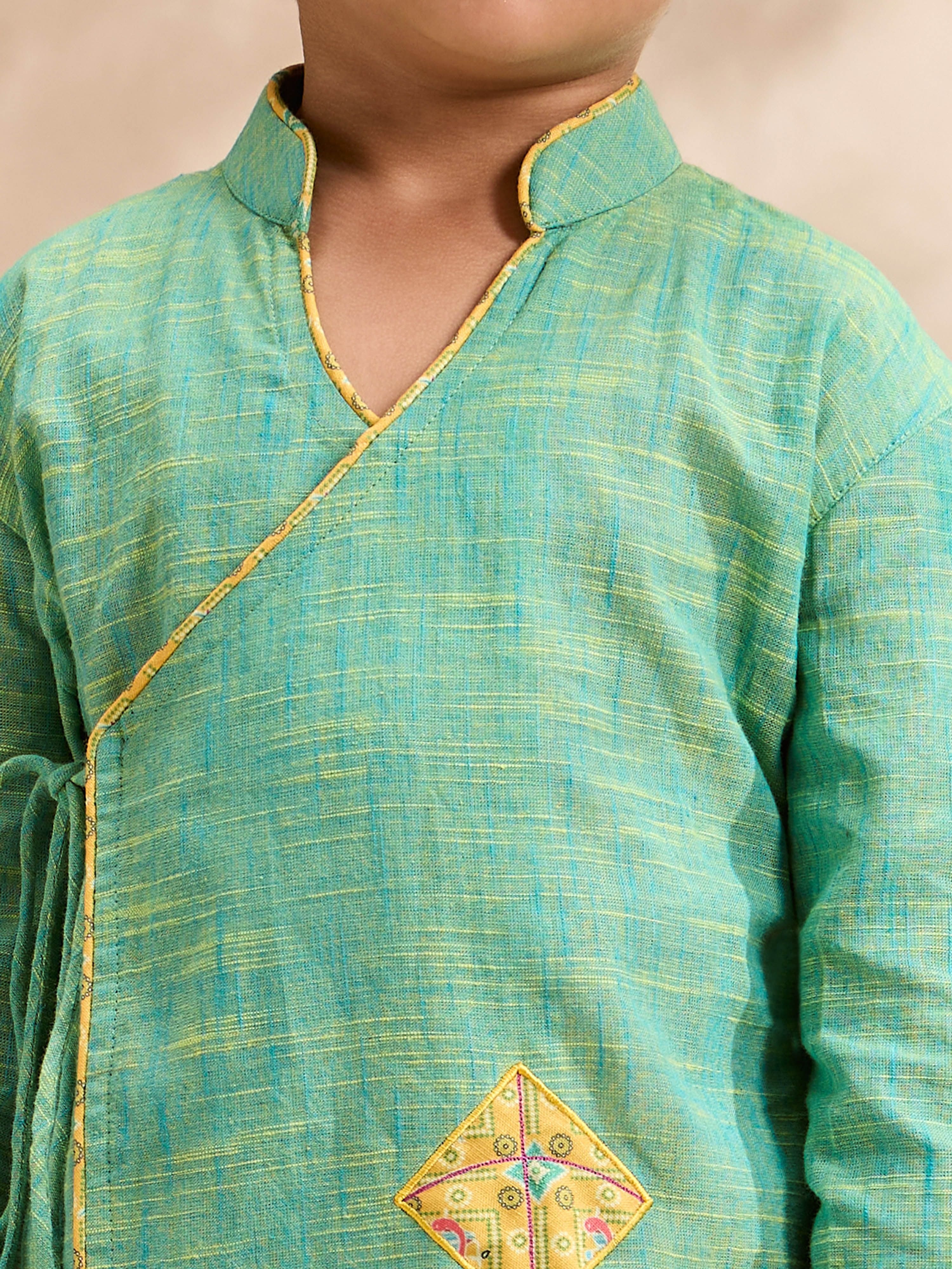 Boys's Mint Cotton Embroidered Thigh Length Kurta And Dhoti Set