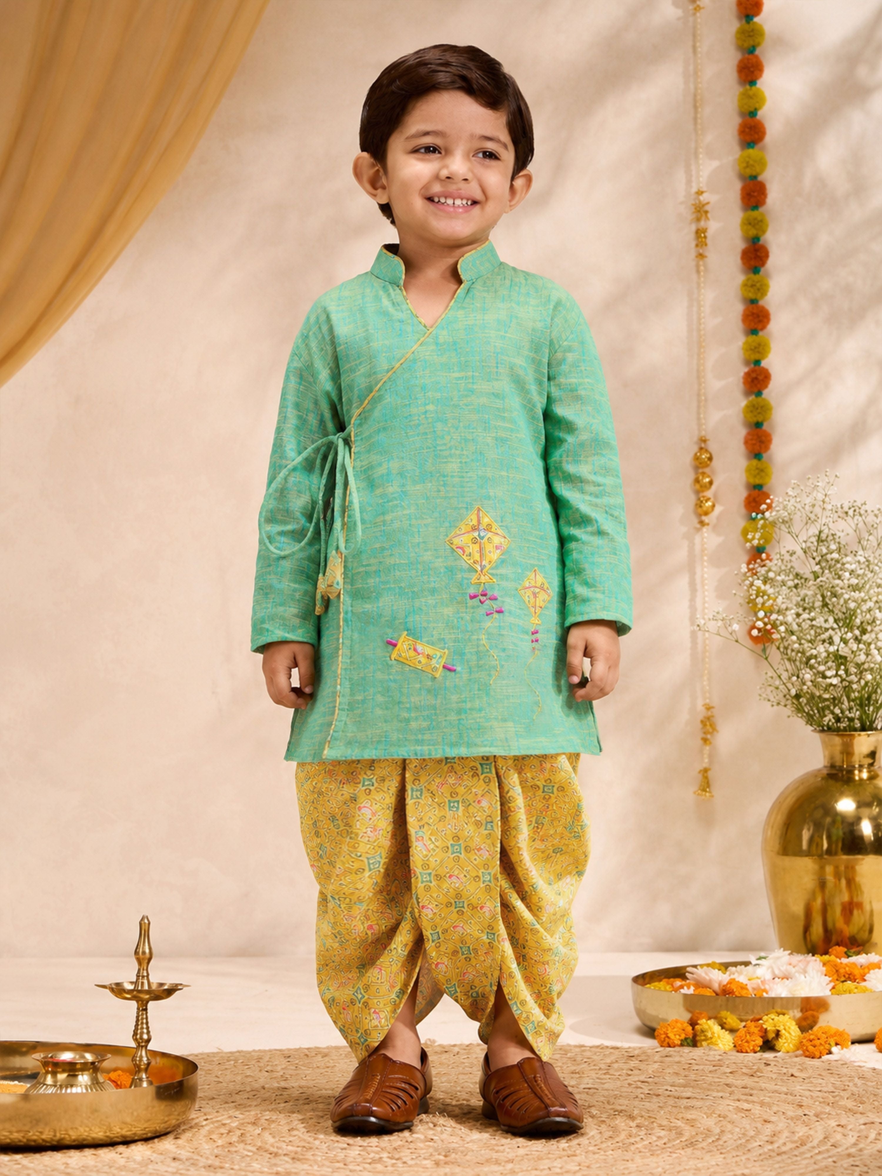 Boys's Mint Cotton Embroidered Thigh Length Kurta And Dhoti Set