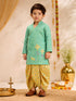 Boys's Mint Cotton Embroidered Thigh Length Kurta And Dhoti Set