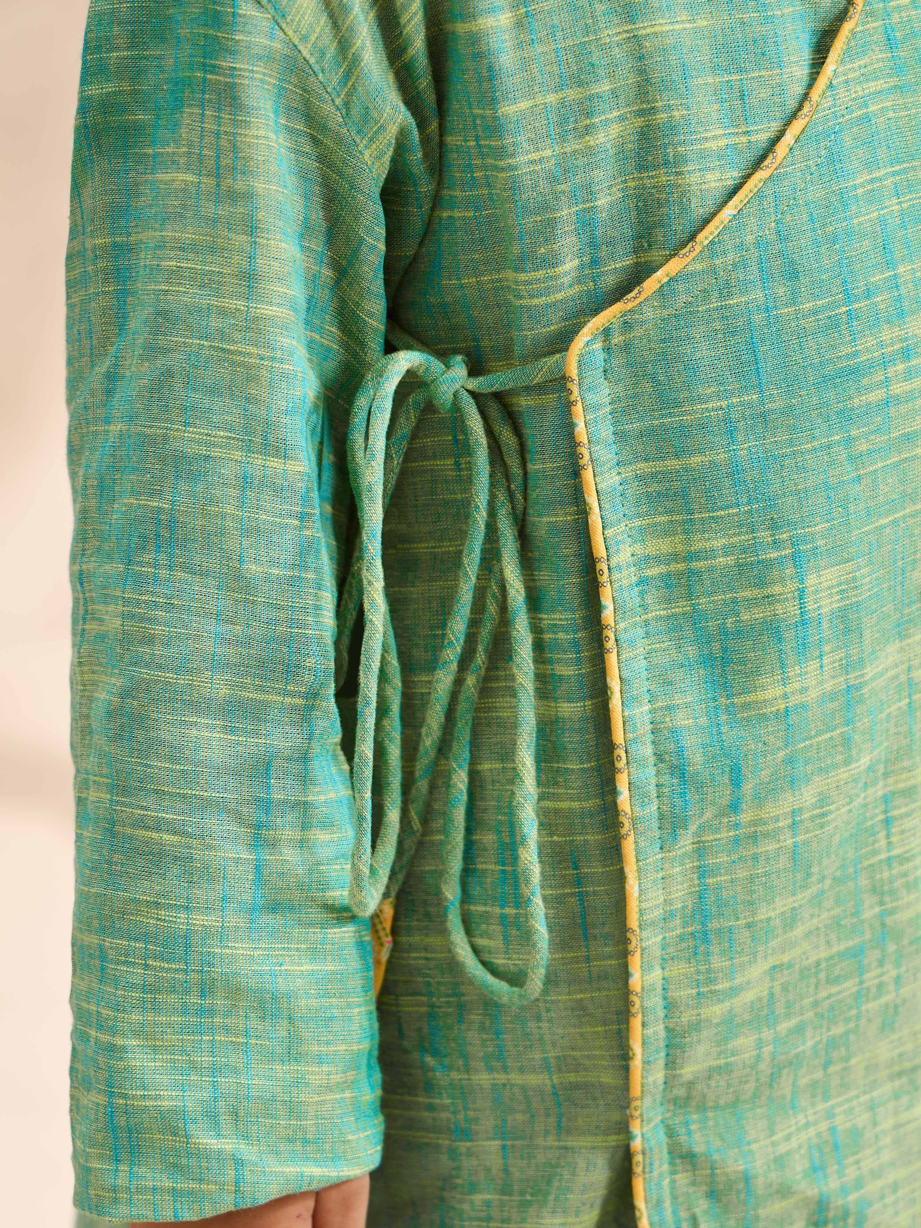Boys's Mint Cotton Embroidered Thigh Length Kurta And Dhoti Set