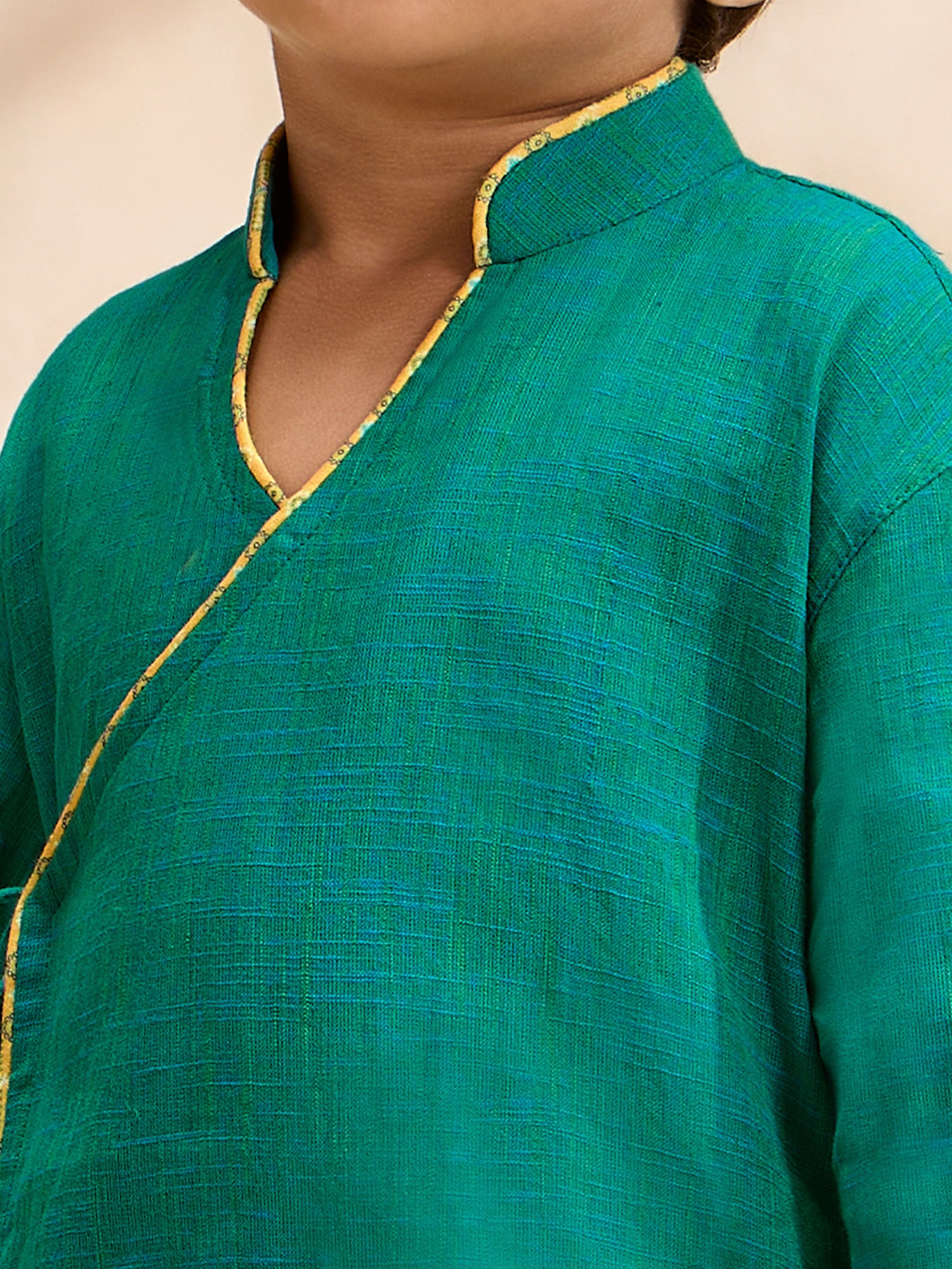 Boys's Turquoise Cotton Embroidered Thigh Length Kurta And Dhoti Set