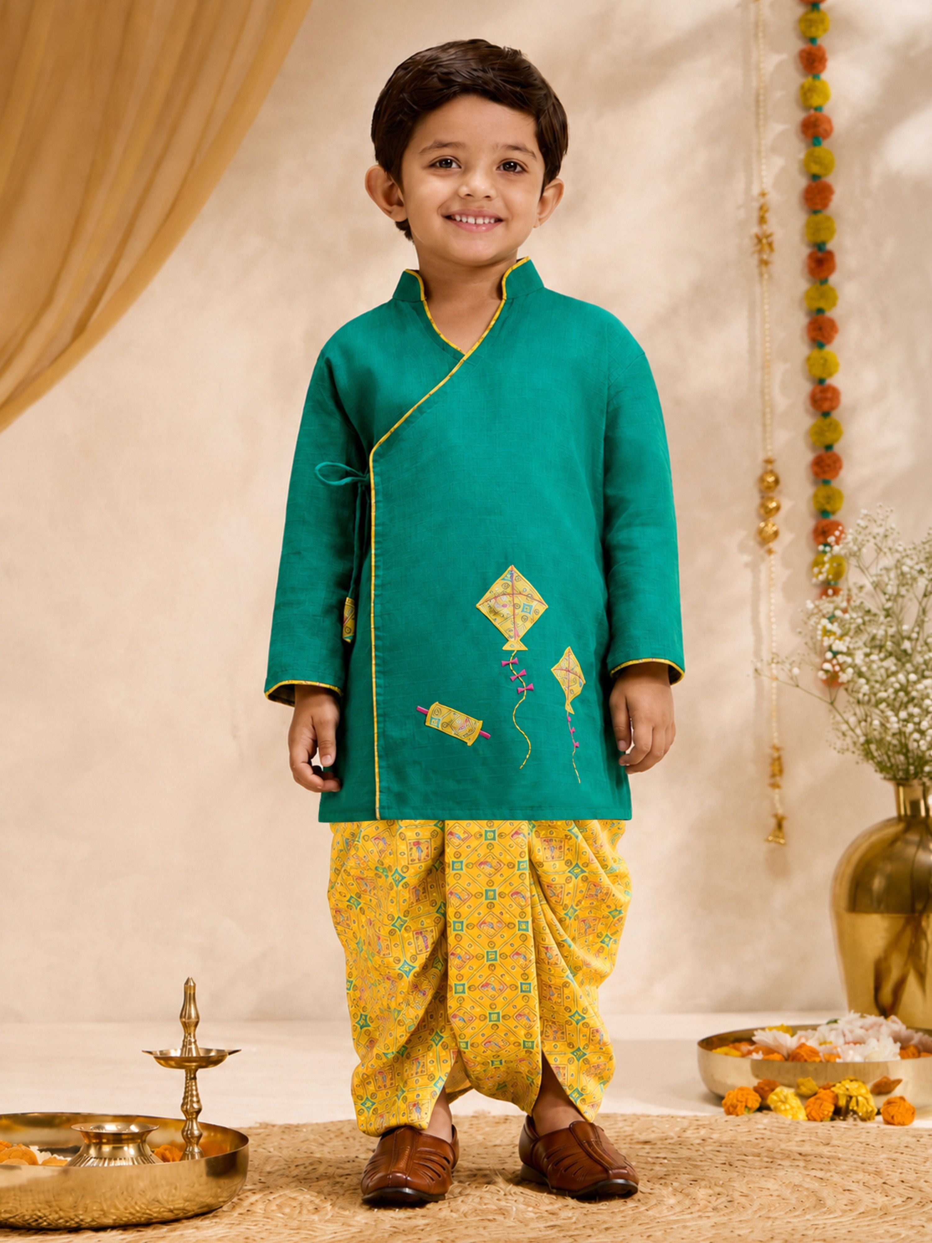 Boys's Turquoise Cotton Embroidered Thigh Length Kurta And Dhoti Set