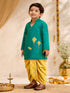 Boys's Turquoise Cotton Embroidered Thigh Length Kurta And Dhoti Set