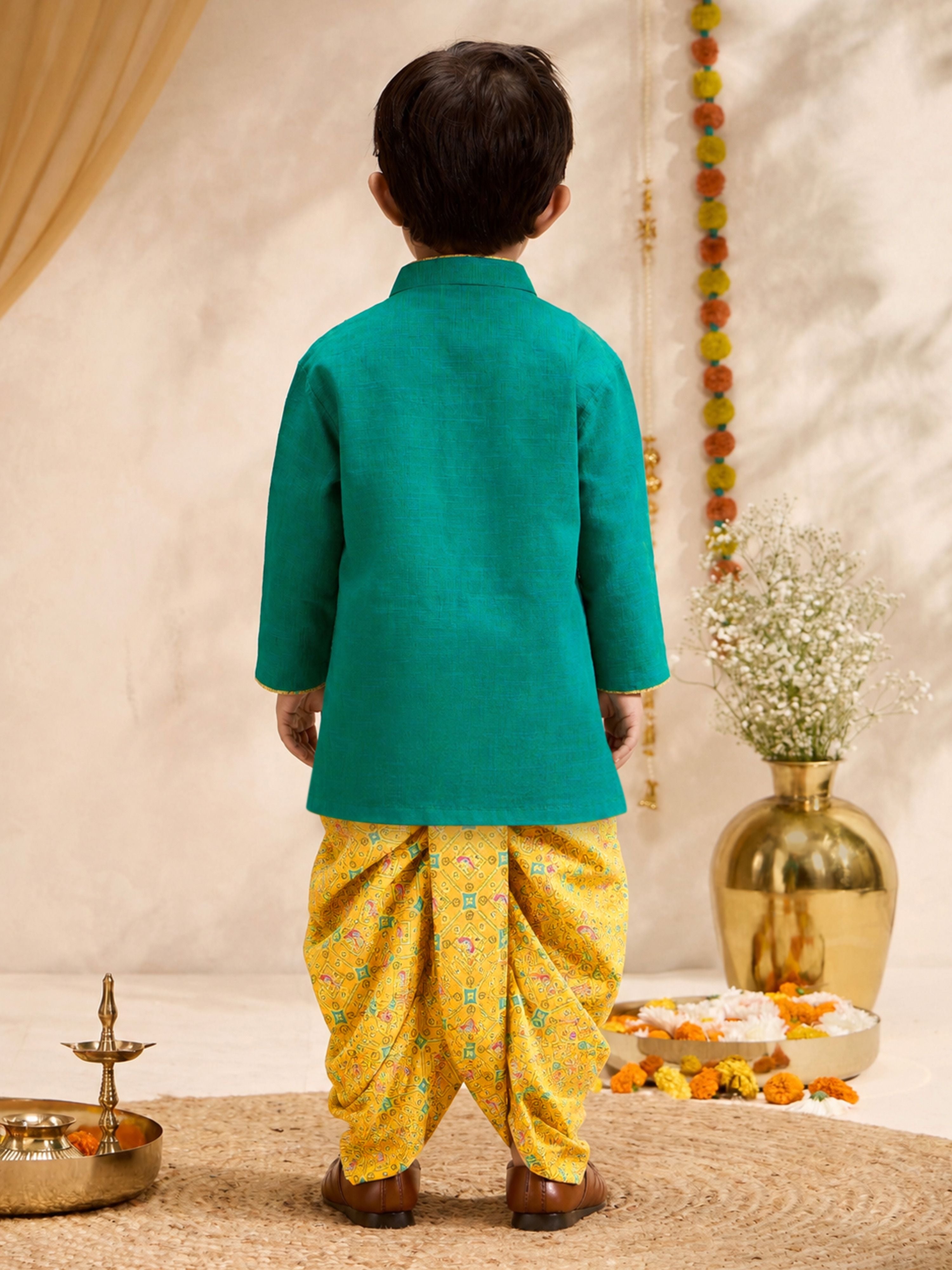 Boys's Turquoise Cotton Embroidered Thigh Length Kurta And Dhoti Set