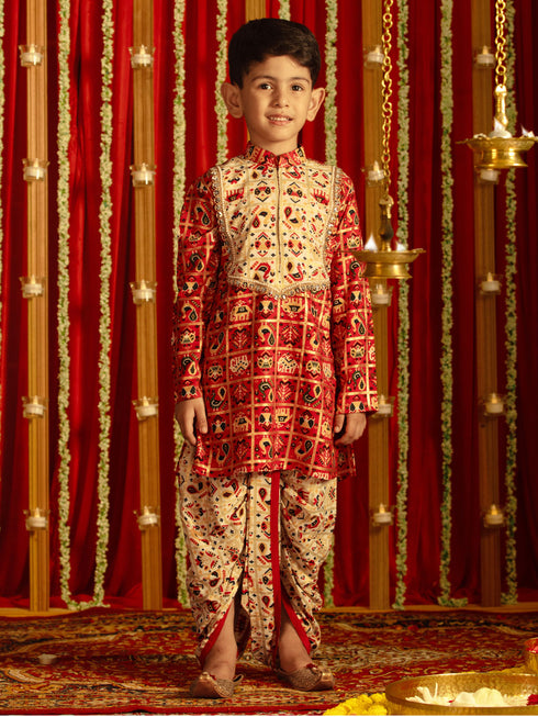 Boy's' Red And Cream Patola Print Ethnic Kurta And Dhoti Set
