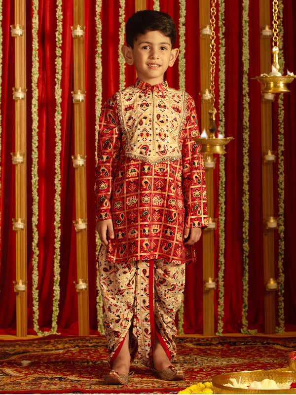 Boy's' Red And Cream Patola Print Ethnic Kurta And Dhoti Set