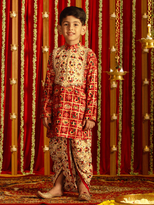 Boy's' Red And Cream Patola Print Ethnic Kurta And Dhoti Set