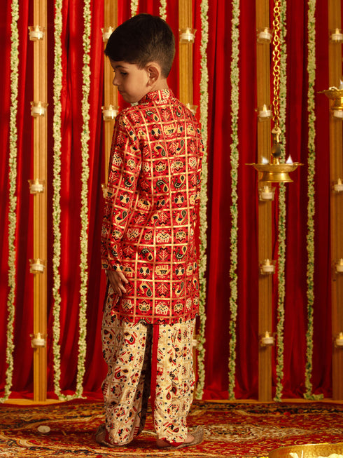 Boy's' Red And Cream Patola Print Ethnic Kurta And Dhoti Set