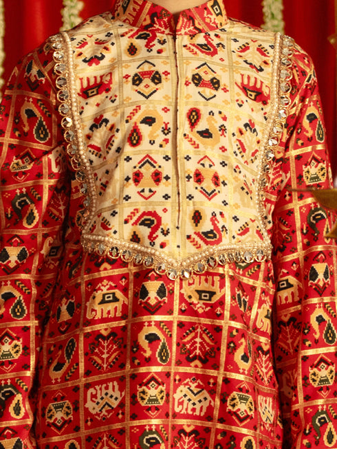 Boy's' Red And Cream Patola Print Ethnic Kurta And Dhoti Set