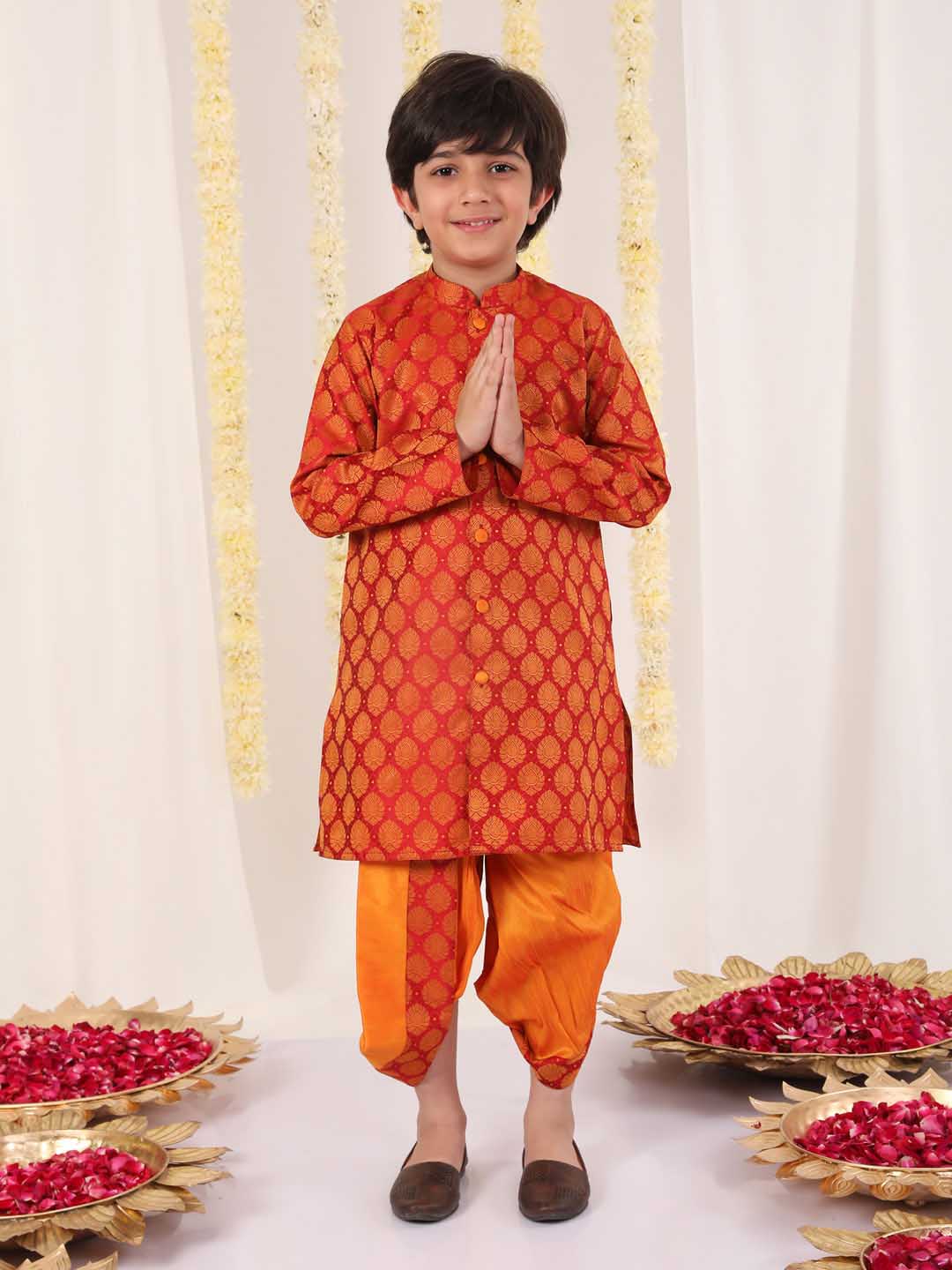 Boy's' Red And Orange Kurta And Dhoti Set