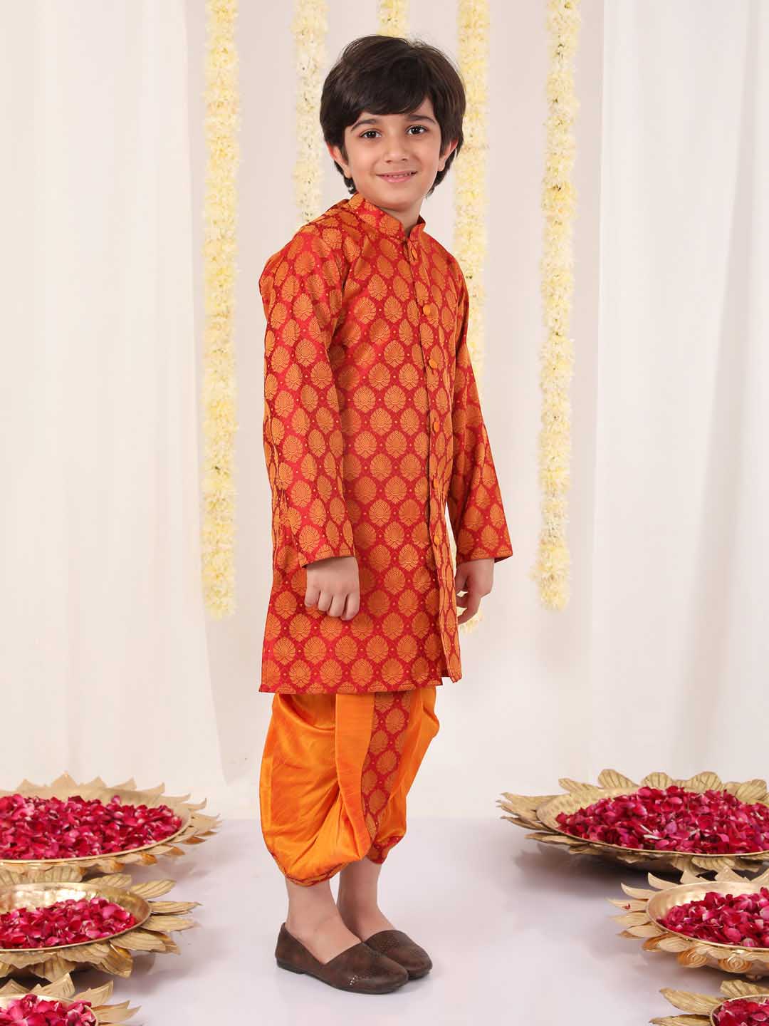 Boy's' Red And Orange Kurta And Dhoti Set
