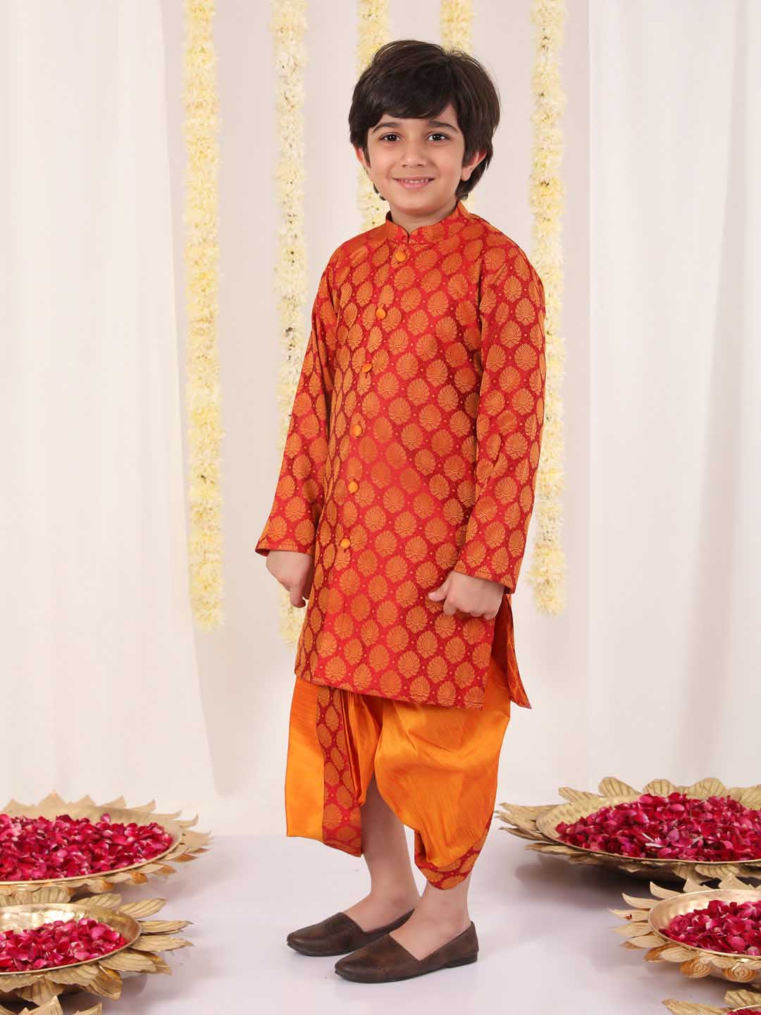 Boy's' Red And Orange Kurta And Dhoti Set