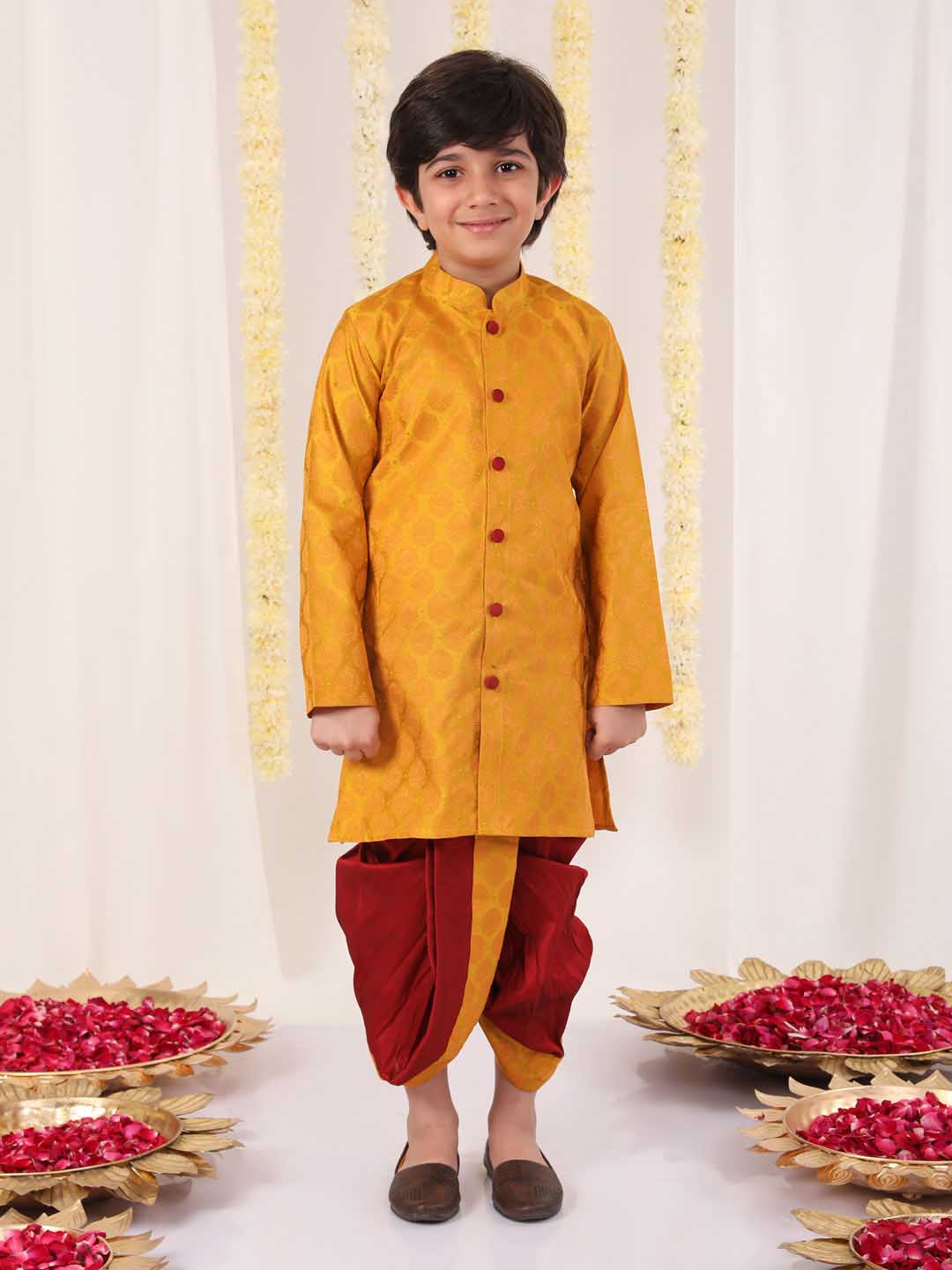 Boy's' Yellow And Maroon Ethnic Jacquard Kurta Dhoti Set