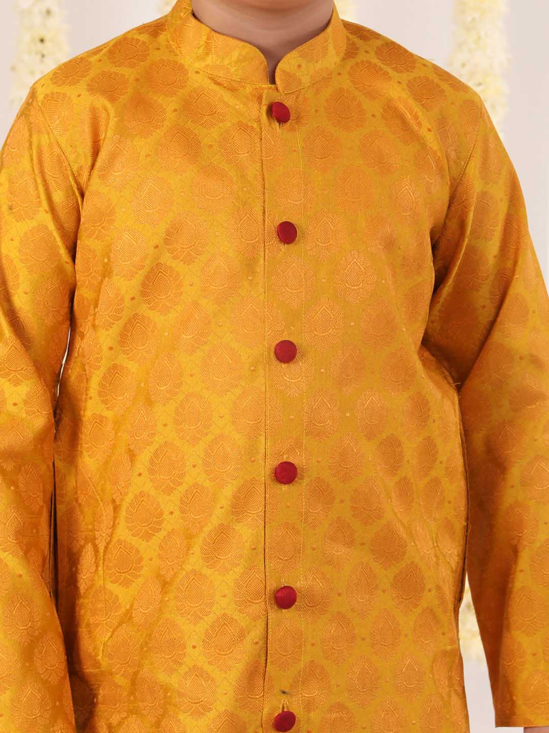 Boy's' Yellow And Maroon Ethnic Jacquard Kurta Dhoti Set