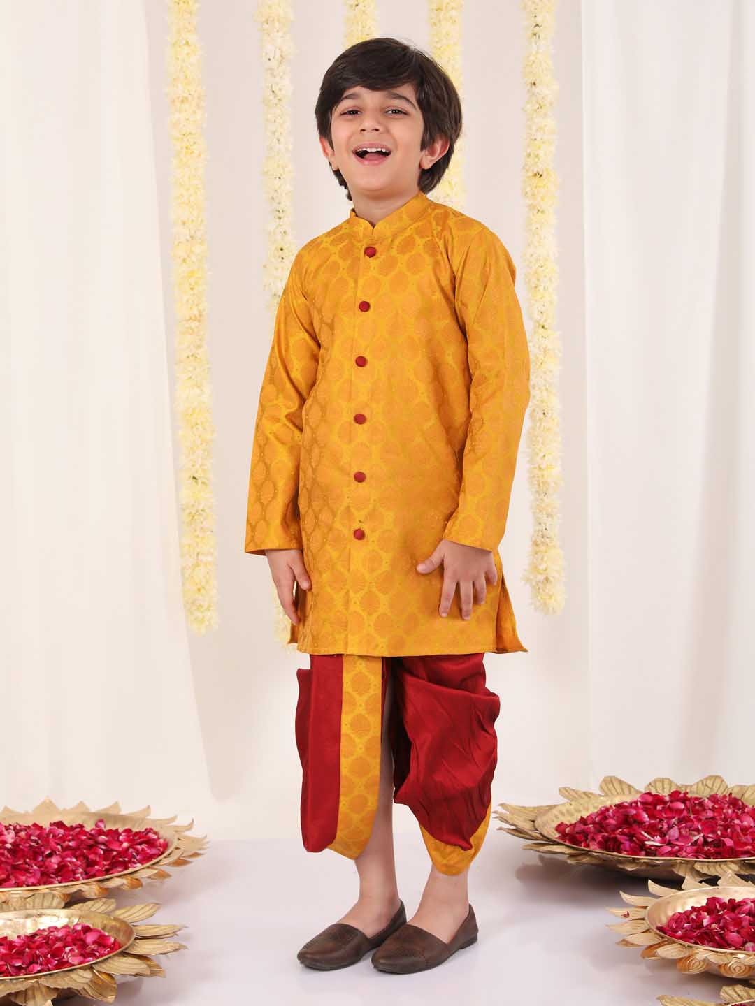 Boy's' Yellow And Maroon Ethnic Jacquard Kurta Dhoti Set