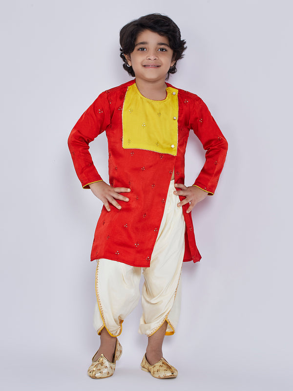 Infant Boy's' Red And Cream Silk Blend Kurta And Dhoti Set