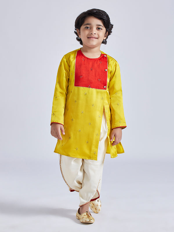 Infant Boy's' Yellow And Cream Silk Blend Kurta And Dhoti Set