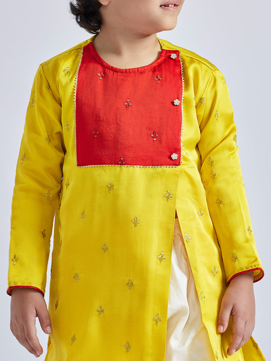 Infant Boy's' Yellow And Cream Silk Blend Kurta And Dhoti Set