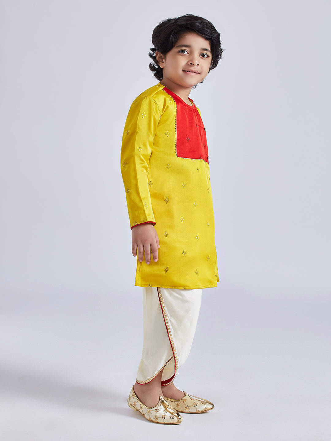 Infant Boy's' Yellow And Cream Silk Blend Kurta And Dhoti Set
